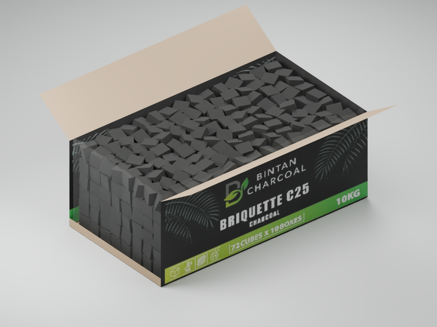 Open Bintan master box with one large transparent liner holding loose charcoal cubes