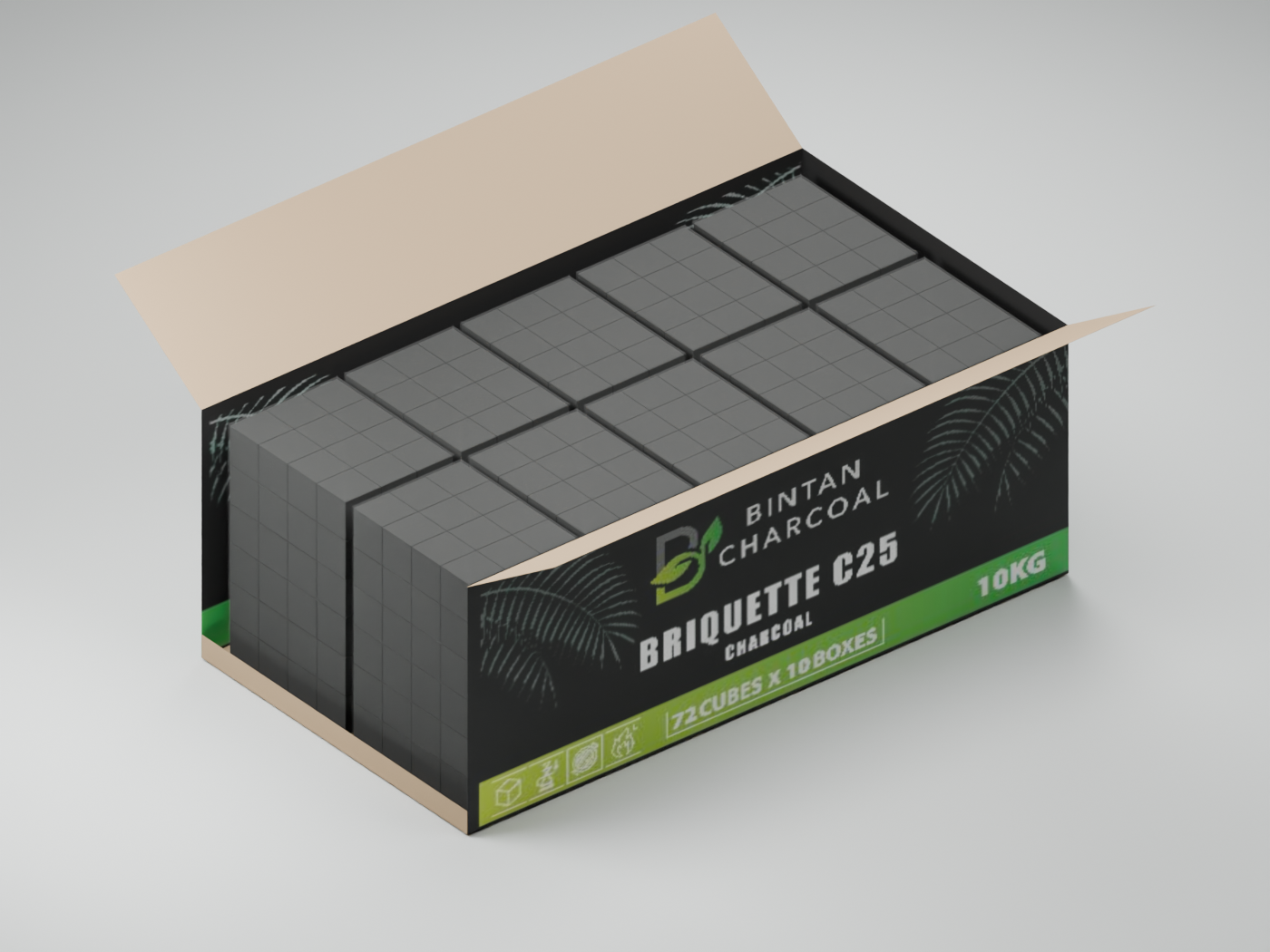 Open Bintan master box containing neatly stacked rectangular charcoal packs tightly wrapped in plastic