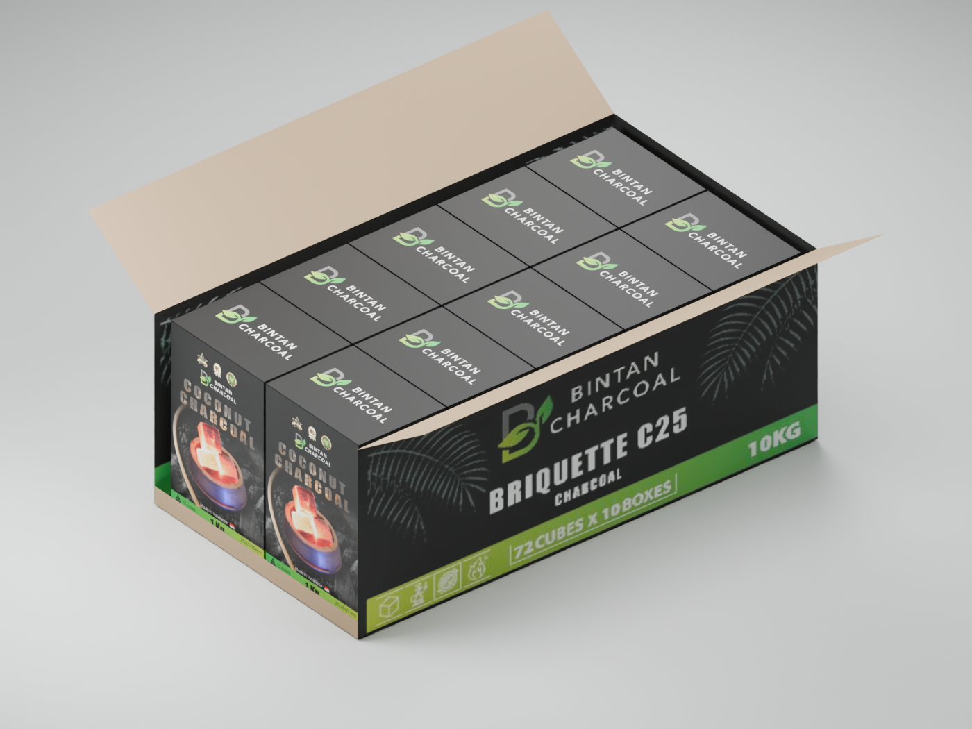 Cutaway Bintan master box with ten upright branded inner boxes arranged five along its length and two across its width