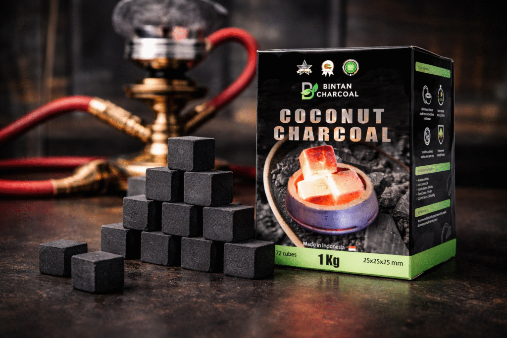 25mm coconut charcoal cubes for shisha by Bintan Charcoal