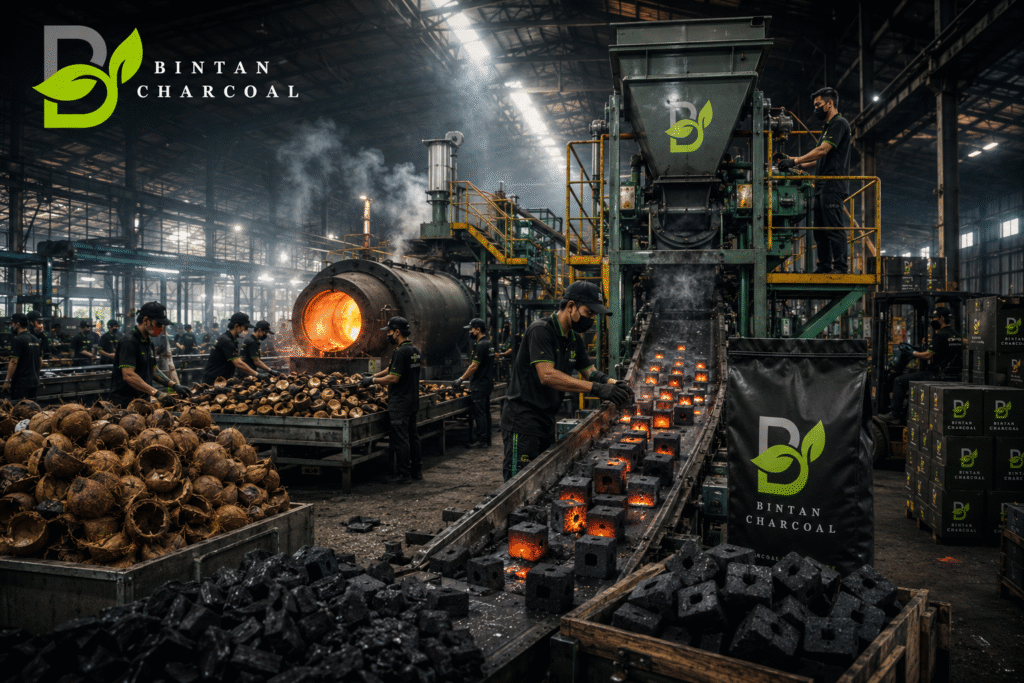 industrial charcoal production at bintan factory