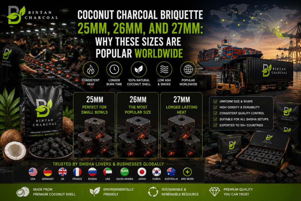 size of coconut shell charcoal briquette cube 25mm cube 26mm cube 27mm